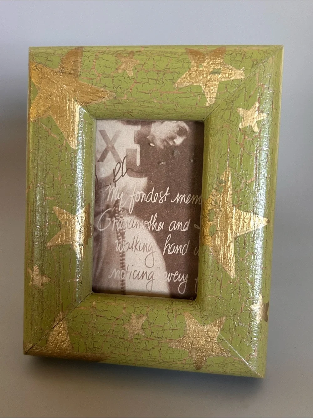 Wooden Hand Painted Green Gold Picture Frame Stars Rustic Country Shabby Mini